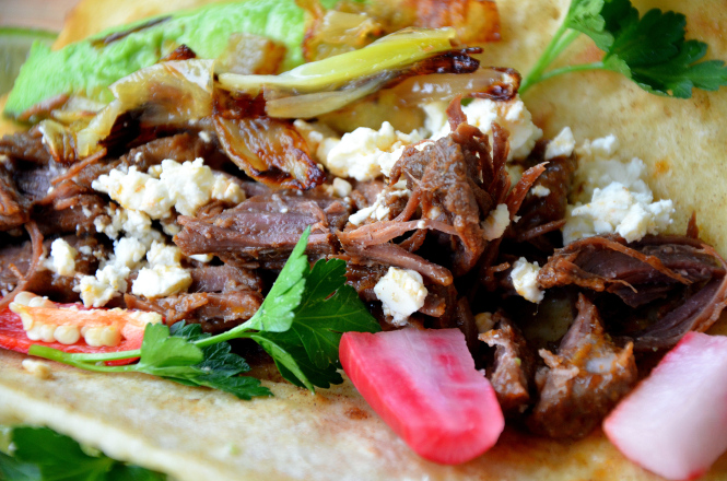 Geschmortes Rindfleisch in Tacos